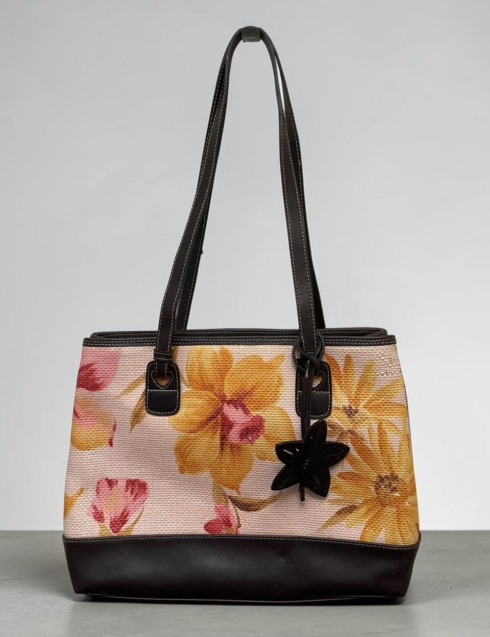 Liz Claiborne Floral Purse Brown Pink Handbag Weave Shoulder Bag Leather Womans